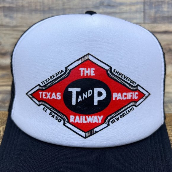 Defunct T&P Railway Mens Trucker Hat Black Snapback Texas & Pacific Vintage Logo - Picture 3 of 8